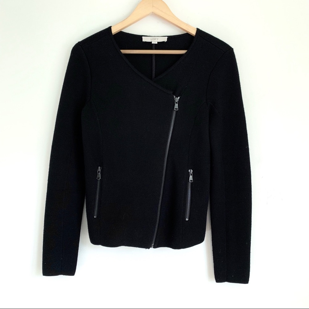 LOFT Black Wool Front Diagonal Zip-Up Cardigan
